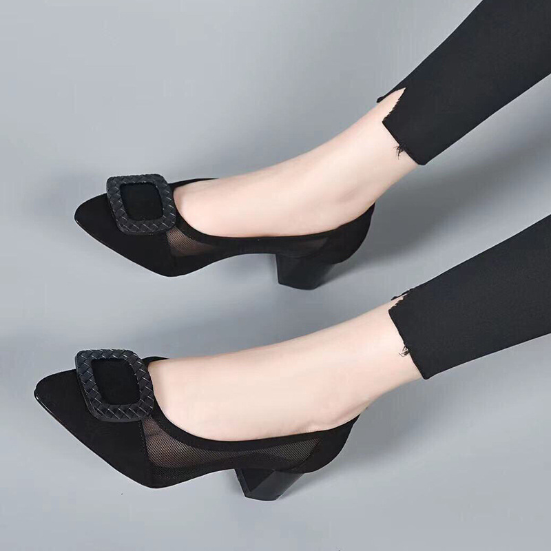 Giày lười nữ mũi nhọn da lưới thoáng khí, xỏ chân tiện lợi, gót 3 cm — Gót đen cao 3 cm