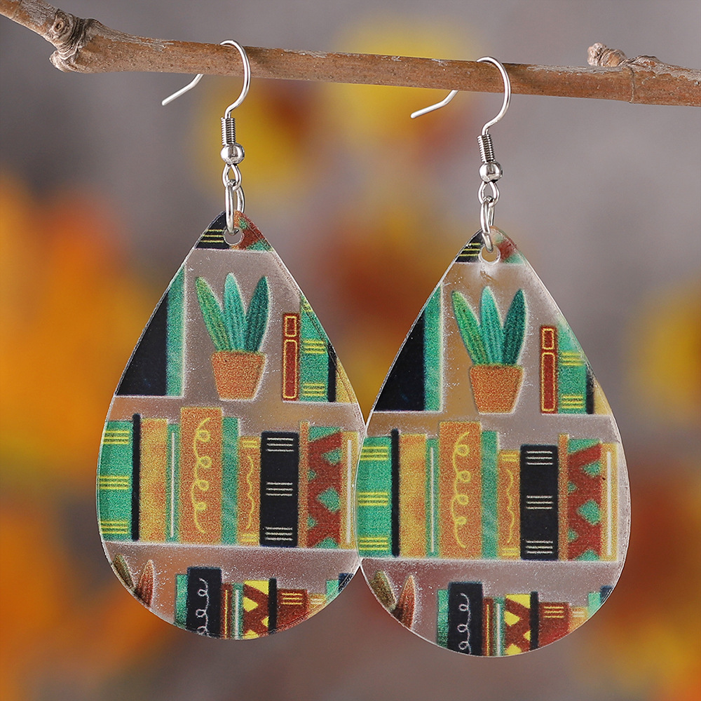 New School Season Back to School Season Library Bookshelf Book Drop Pendant Earrings Women's Acrylic Double-Sided Earrings