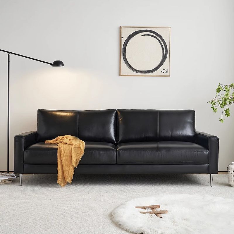 Nordic Leather Sofa, Vintage Sofa, Small Apartment Sofa, Living Room Italian-Style Three-Seater Black Oil Wax Leather Sofa