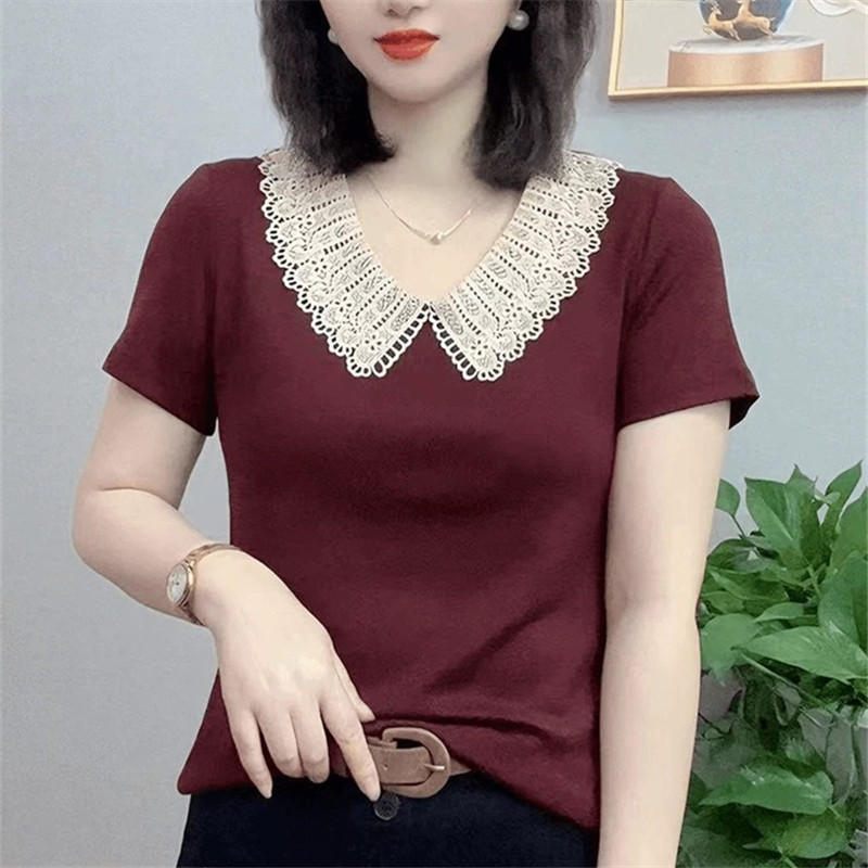 Summer Slimming Short-sleeved T-shirt Women's Llace Collar Solid Color Stylish All-match New Age-reducing Elegant Fashion Women's Shirt