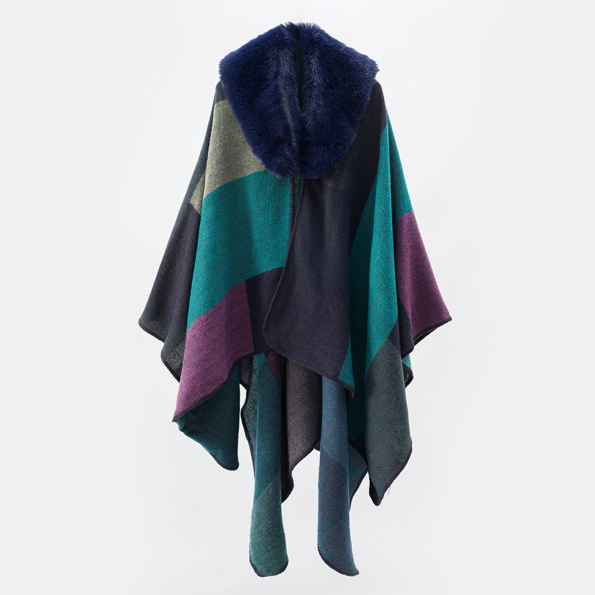 Partido de las mujeres azul cuello piel Plaid señora desgaste cabo chal nuevo otoño e invierno cálido