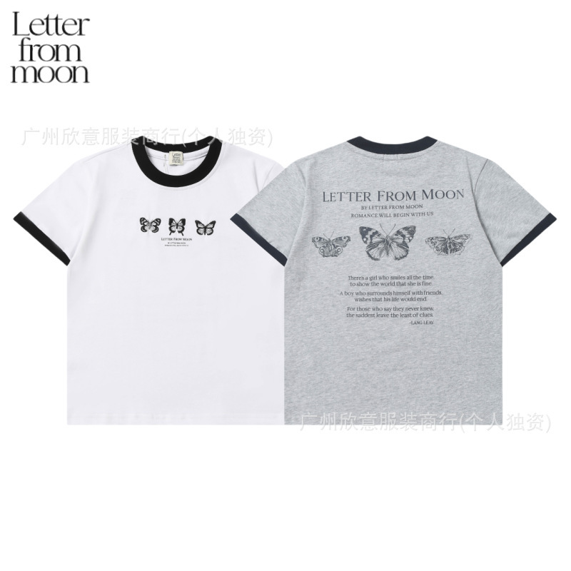 Korean Niche Jennie's Same Korean Niche Butterfly Embroider Printed Short Slim-Fitting Short-Sleeved T-Shirt