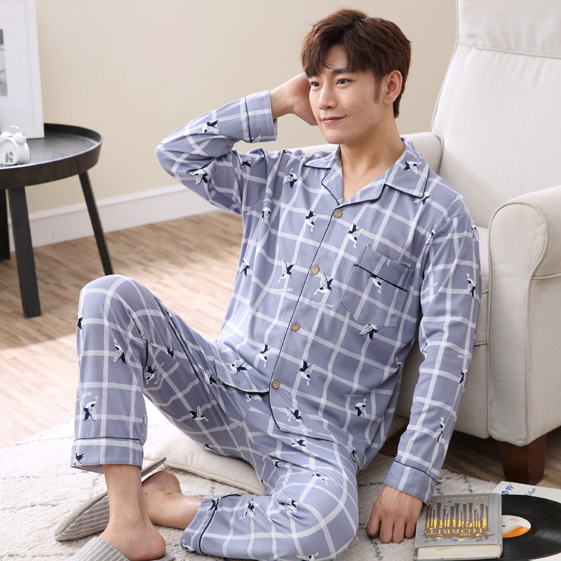 Pijamas de manga larga de los hombres de primavera y otoño de algodón cardigan casual Plaid elegante de los hombres desgaste del hogar de Otoño de algodón más traje de tamaño