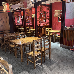 Carbonized Wood Barbecue Shop Solid Wood Dining Table and Chairs Hotel Restaurant Food Stall Hot Pot Table and Chair Combination Farmhouse Stall Stool