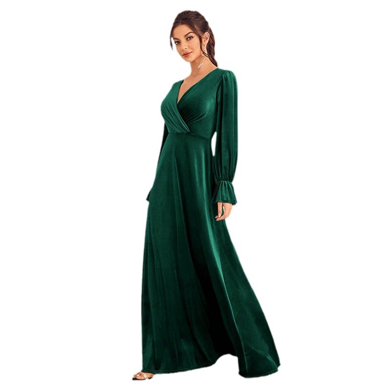 Vestido de Noche para Comercio Exterior de Amazon, Nuevo Vestido de Primavera con Cintura Ajustada, Vestido de Banquete de Gasa con Cuello en V, Manga Larga, de una Pieza, Dropshipping