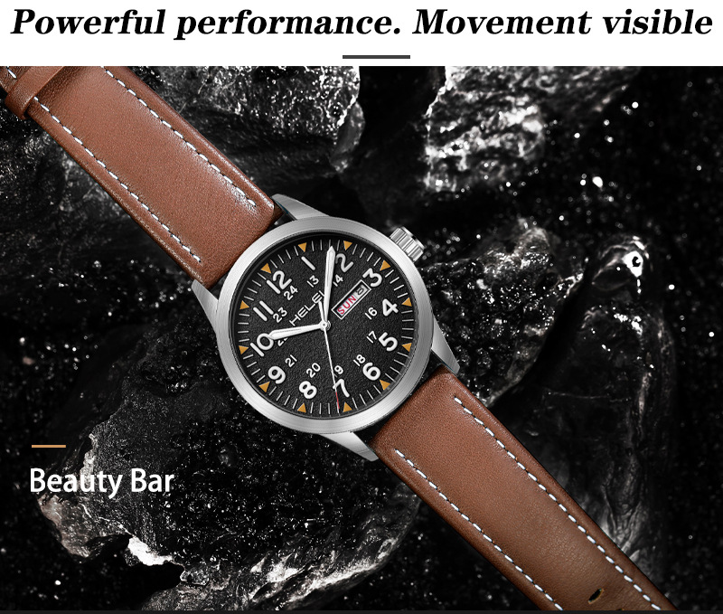 New Brand HELEI Men's Watch Genuine Leather Waterproof Luminous Wrist Watch Quartz Watch Calendar Week Display_voghion.com