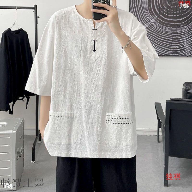 Chinese Style Men's Fat plus size Two Large Real Pockets with Cotton and Linen Half Sleeve T-shirt Men's Linen Half Sleeve Top Chinese Style Men's Fat plus size Two Large Real Pockets with Cotton and Linen Half Sleeve T-shirt Men's Linen Half Sleeve Top