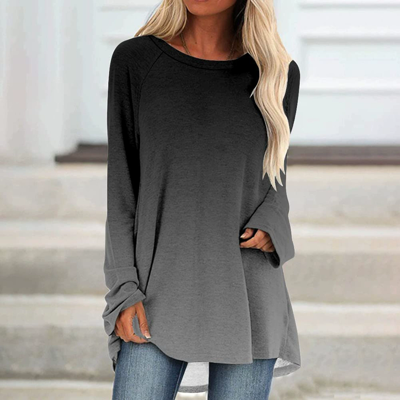2021 Осенняя Женская Повседневная Свободная футболка-пуловер большого размера с круглым вырезом и длинным рукавом
