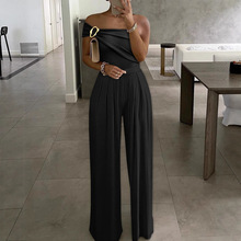 单肩金属扣装饰褶皱阔腿连体裤