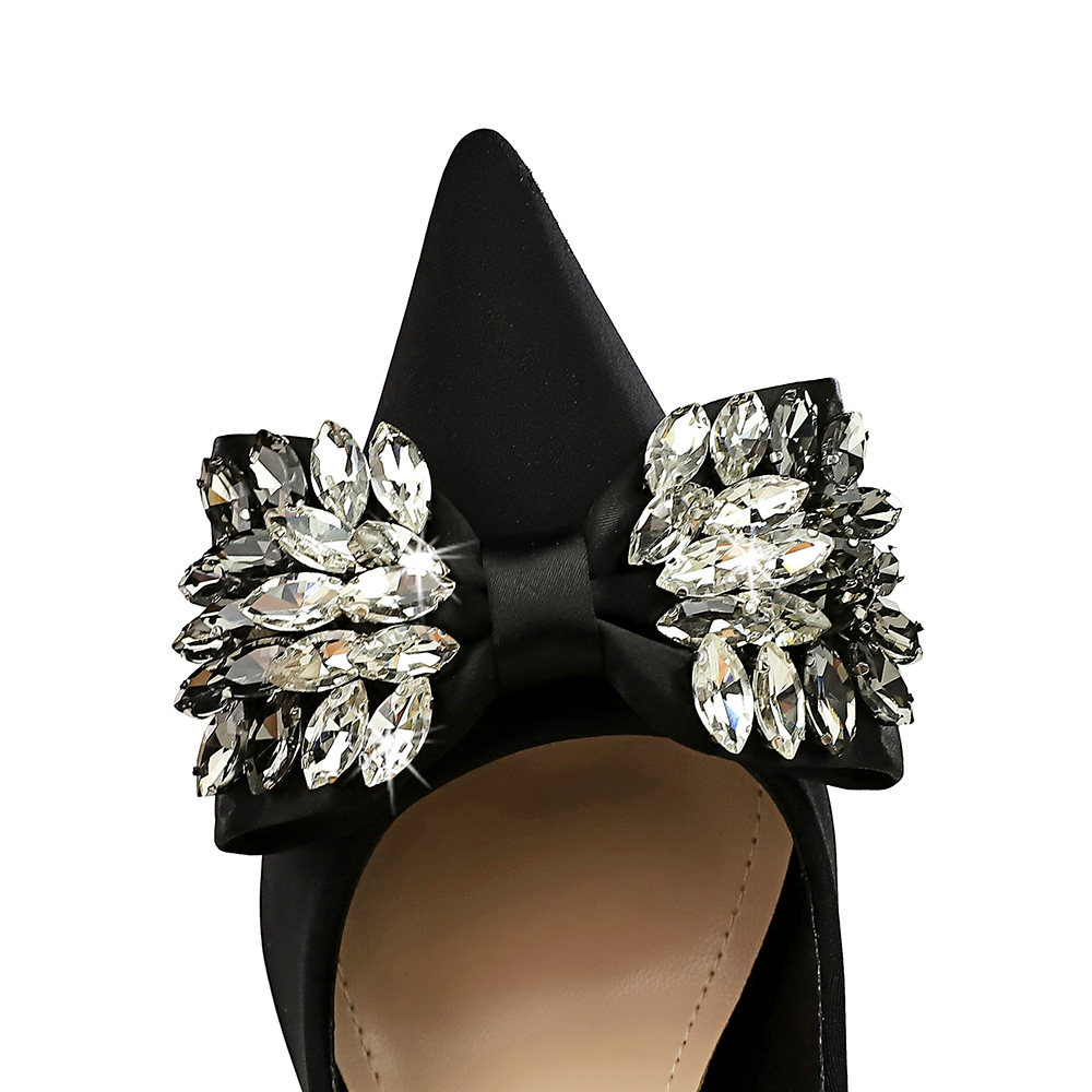 18249-H3 European And American Style Banquet Women's Ultra High Heels Shallow Mouth Pointed Toe Satin Rhinestone Bow_vogvips.com