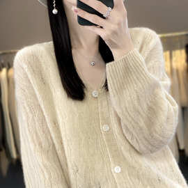 宽松秋冬新款100纯羊毛开衫毛衣针织外套女纯羊毛V领镂空外搭上衣