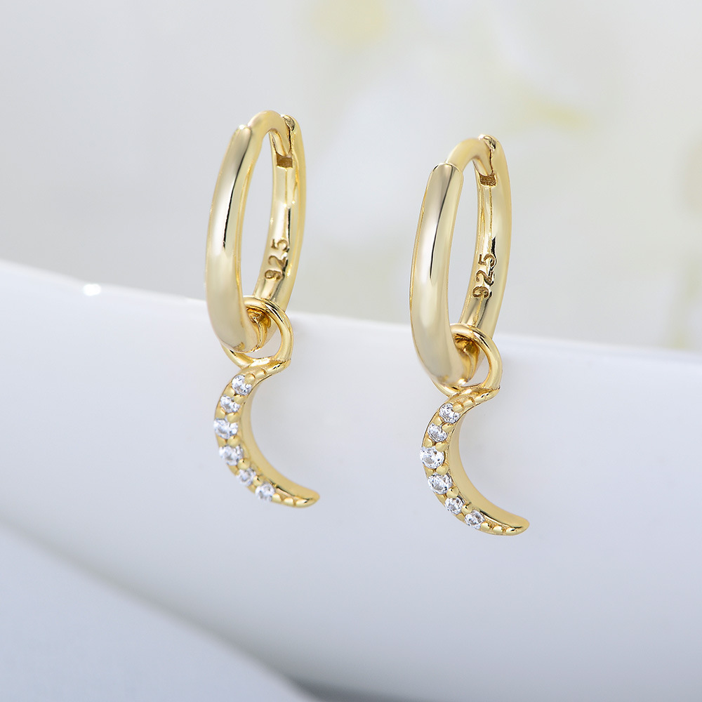 6g Weight 0.03µm Gold Plating Thickness Electroplating Gold Plating Process 925 Sterling Silver Ear Needle Material 14K Real Gold Plated Plating Material 1 Pair 925 Sterling Silver Rhinestones Moon Earrings