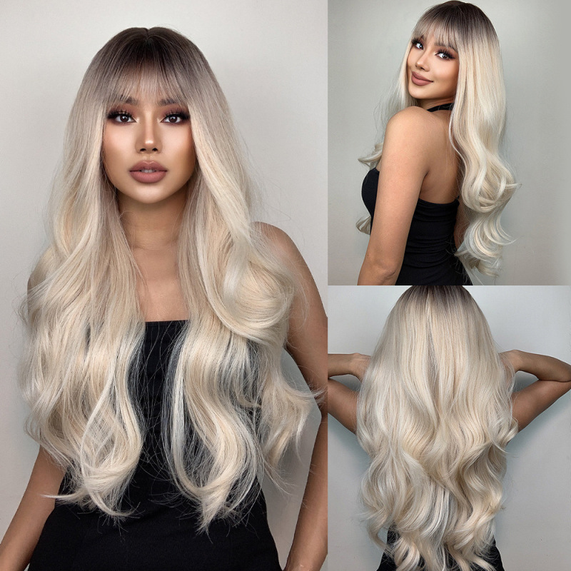 国境を越えた欧米のかつらの女性hairチー前髪長いカールグラデーションホワイトゴールド新製品メカニズム化繊頭カバーwigs|undefined
