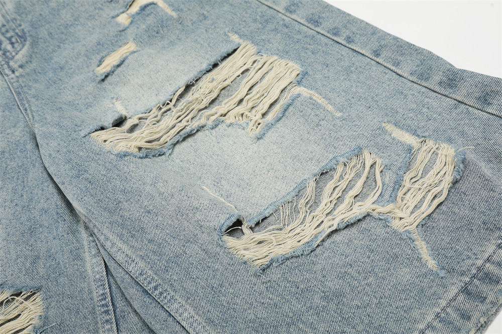 Men's American Punk Ripped Denim Capri Shorts Summer Style Washed Distressed Loose Wide Leg Trendy Cotton mid Waist Black Blue_mkmklike.com