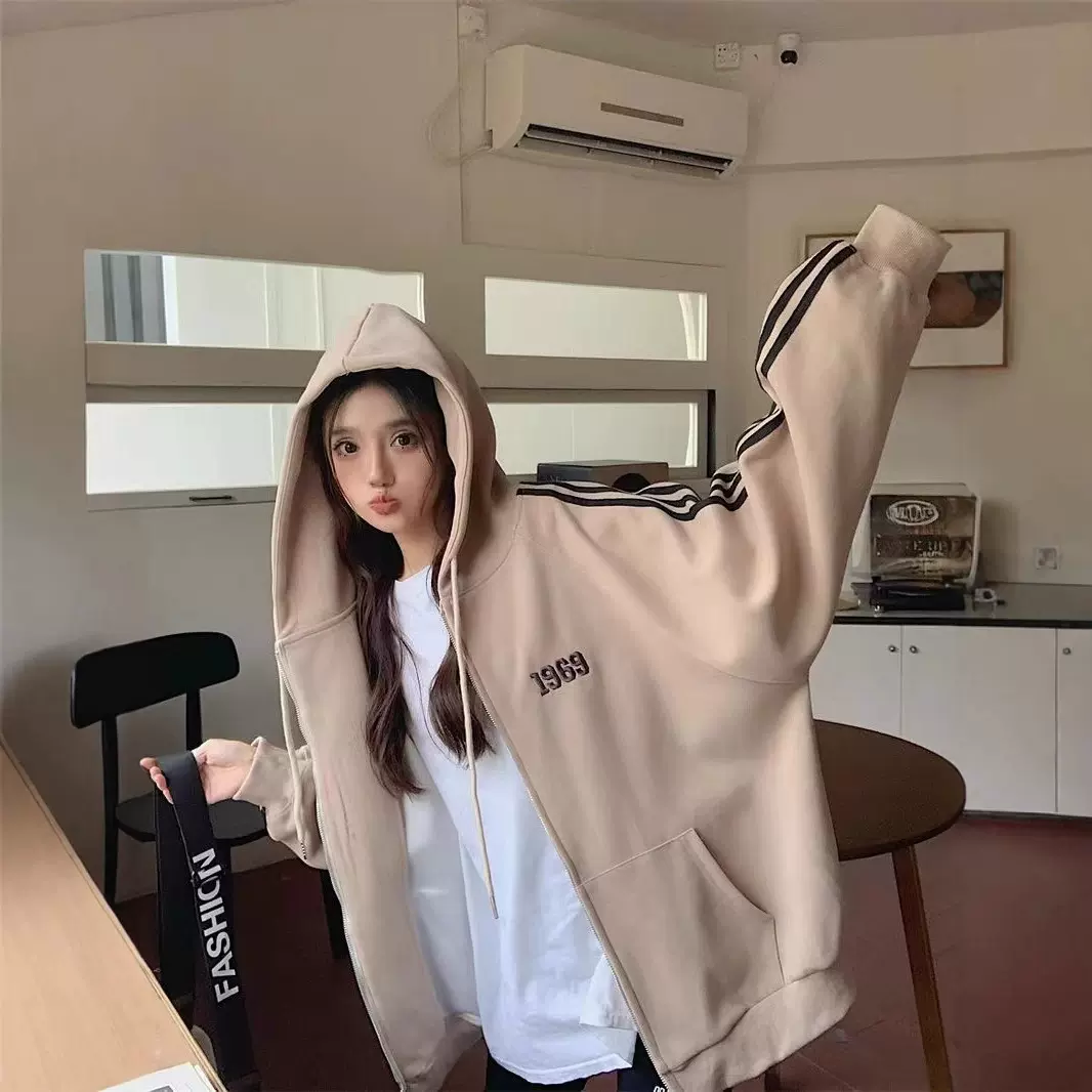 加绒加厚美式棒球服撞色卫衣复古宽松BF夹克外套女小个子开衫跨境