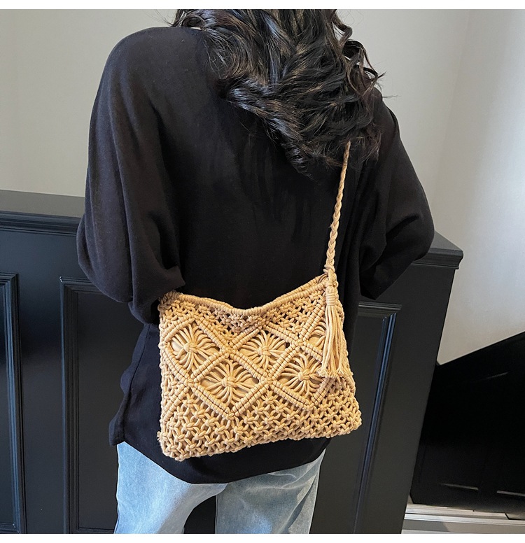 177g Weight Polyester Cotton Lining Material Weave, Hollow Fashion Element Zipper Closure Type Single Shoulder Strap Strap Type Shoulder Bag Bags Type Casual Occasion cotton rope Material Solid Color Pattern All Seasons Season Women's Gender Vacation Style Square Shape Women's Cotton Rope Solid Color Vacation Weave Hollow Square Zipper Shoulder Bag 10