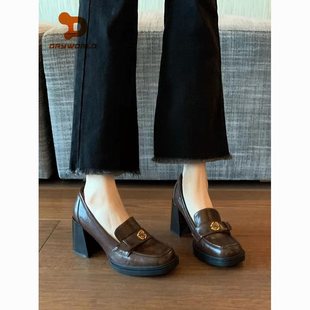 学院风方头高跟乐福鞋女jk鞋子英伦粗跟一脚蹬单鞋百搭小皮鞋