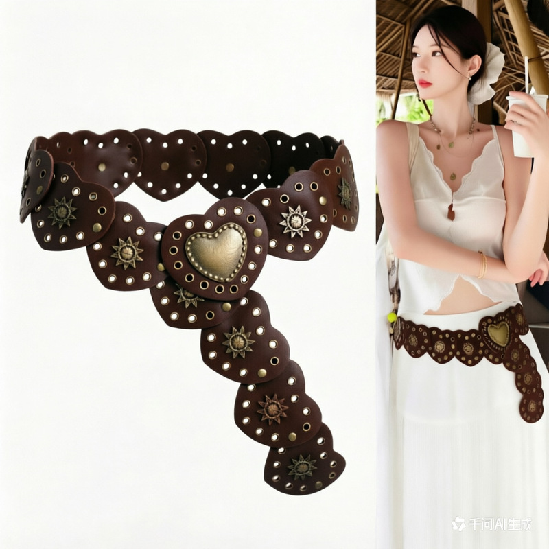 European and American Niche Style Heart Buckle Belt with Metal Rivets, Pu Versatile Ethnic Style Wide Waistband Decoration