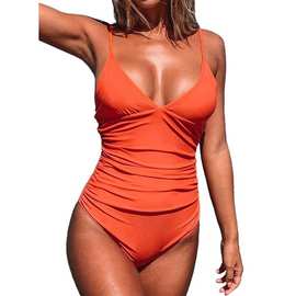 亚马逊爆款连体泳衣女深V纯色性感带胸垫紧身欧美跨境露背游泳衣