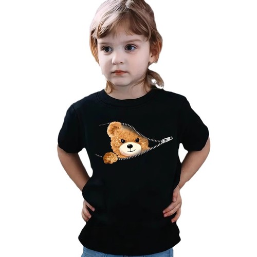 International Trade Cross-Border INS Girl Cartoon Bear Print Pattern Crew Neck Short Sleeve T-Shirt Children's Summer Wear Suitable for 1-8 Years Old