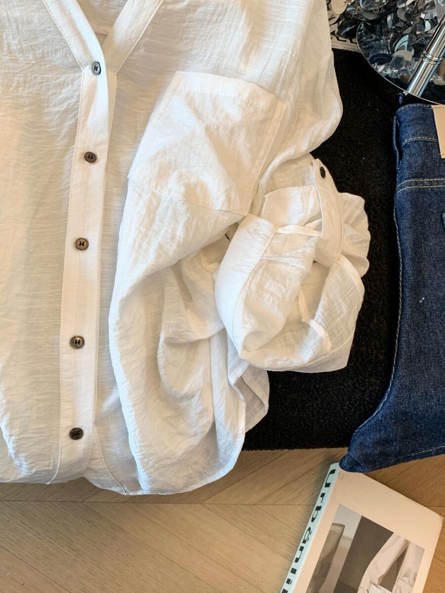 Áo sơ mi chống nắng nữ dài tay dáng rộng chất liệu linen thoáng mát — xanh lam chi tiết 2
