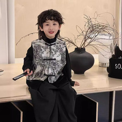 童裝上衣中式國風馬甲春季新款復古水墨畫絲絨拼接背心一件代發