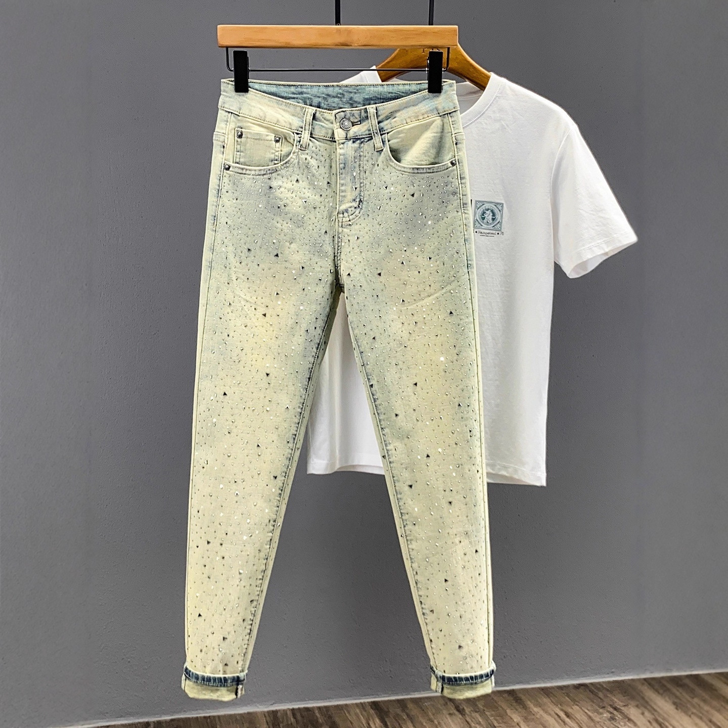 Jeans da uomo slim fit elasticizzati in stile retrò, decorati con strass, pantaloni skinny pesanti e alla moda._voghion.com