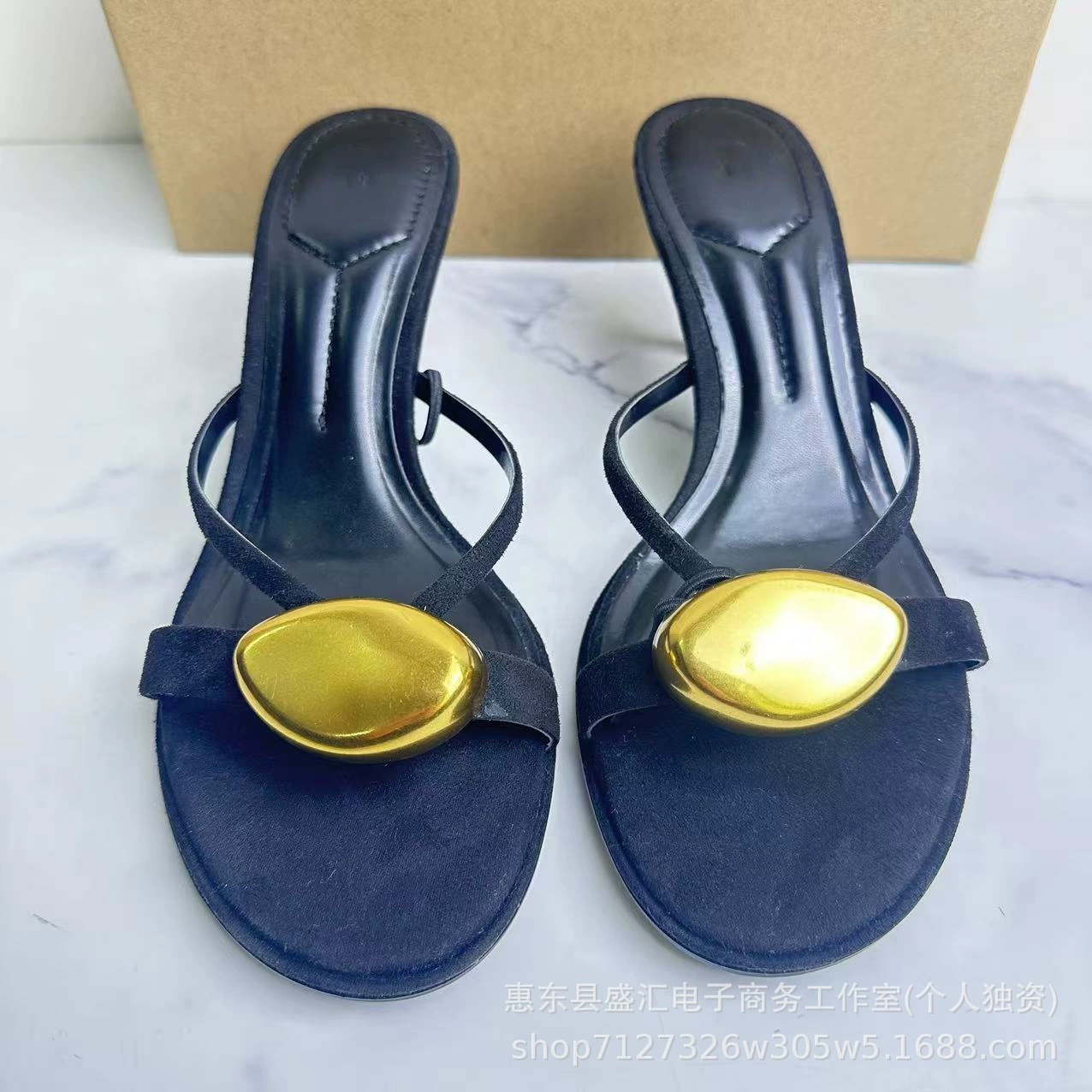 ZA2025 new women's shoes, black metal detail buckle decoration round toe stiletto heel fashion one-strip sandals for women