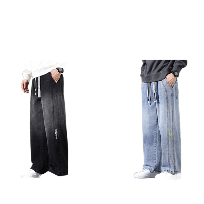 Jeans primavera y verano para hombres, estilo fino, estudiante, adolescente, talla grande, gordo, suelto, elástico, pierna ancha, pantalones largos rectos, hombre