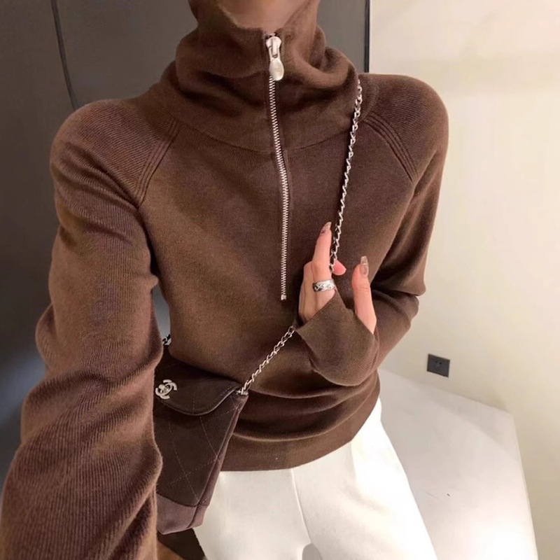 Half Zip Turtleneck Lapel Knitted Base Shirt Women's Winter Design Sense Slim-fit Sweater with Brown Long Sleeve Top