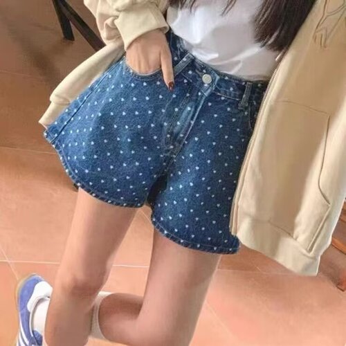 Blue dot print denim shorts for women, summer loose and slimming stylish fashion high-waisted A-line wide-leg pants