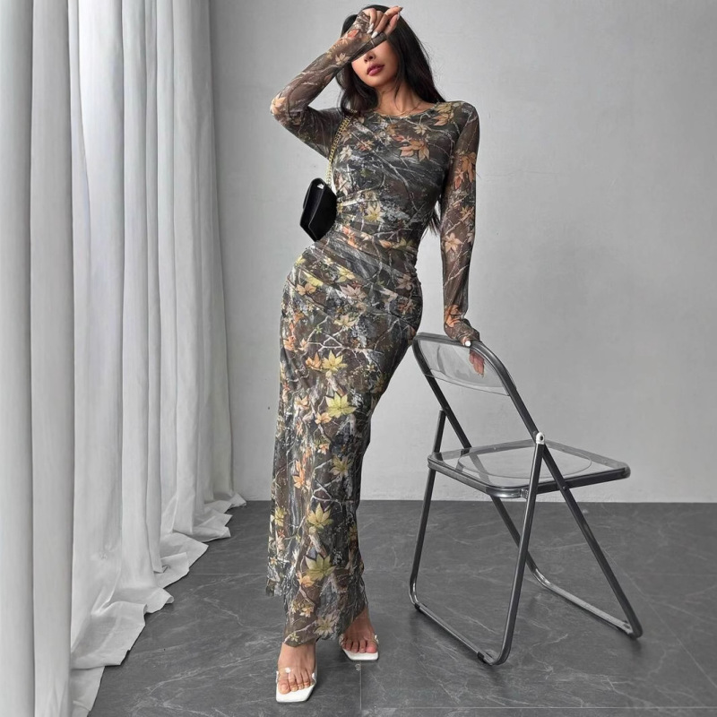 Women's Extra Long Dress Camouflage Leaf Pattern Fashion Trendy Tie-Dye Ruffled Long Skirt Long Sleeves Customized Women's Extra Long Dress Camouflage Leaf Pattern Fashion Trendy Tie-Dye Ruffled Long Skirt Long Sleeves Customized