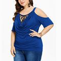 2020 Amazon Plus Size Women's Lace Cold Shoulder Top Solid Color Casual Round Neck Off Shoulder Women's Short Sleeve Top