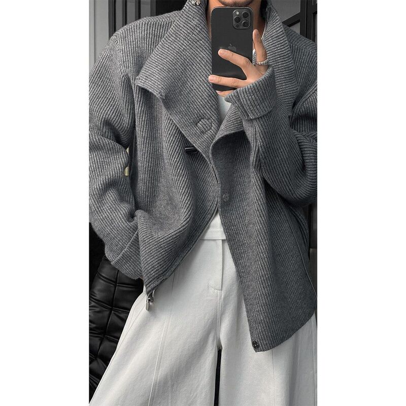 Autumn New Trendy Vertical Stripe Texture Diagonal Zipper Design Half-High Wide Collar Versatile Knitted Sweater Cardigan