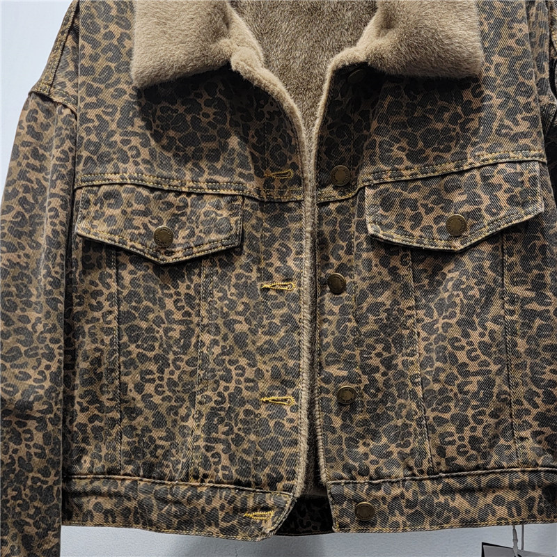 Women's Clothing Mink Leopard Print Thickened Denim Short Jacket Winter Slim Warm Tops_voghion.com