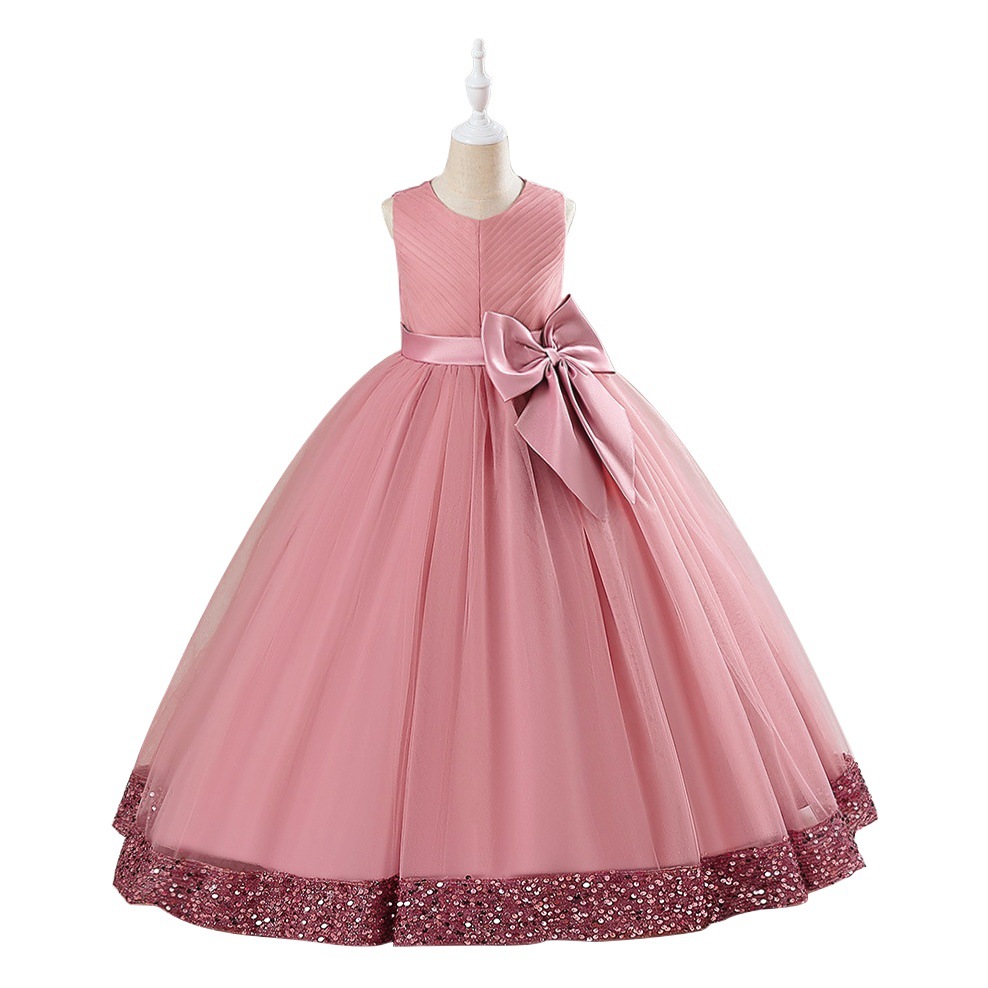 Europa y América nuevo vestido de lentejuelas niños arco princesa vestido de niña de las flores vestido de novia medio y grandes niños malla pettiskirt