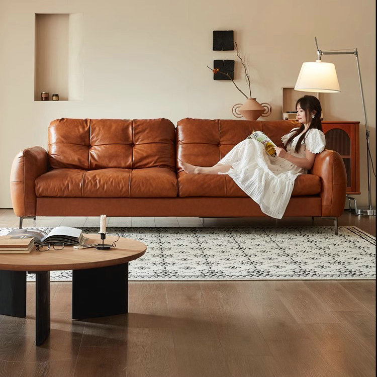 Italian Minimalist Leather Sofa Straight Triple Brooklyn French Retro Mid-Ancient Cowhide Sofa Oil Wax Leather