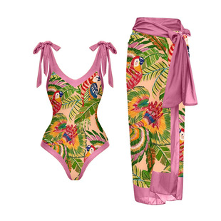 Fashionable Tropical Floral and Bird Pattern One-Piece Swimsuit Paired with Bikini Anti-Exposure Beach Half-Cover Skirt with Vibrant Print