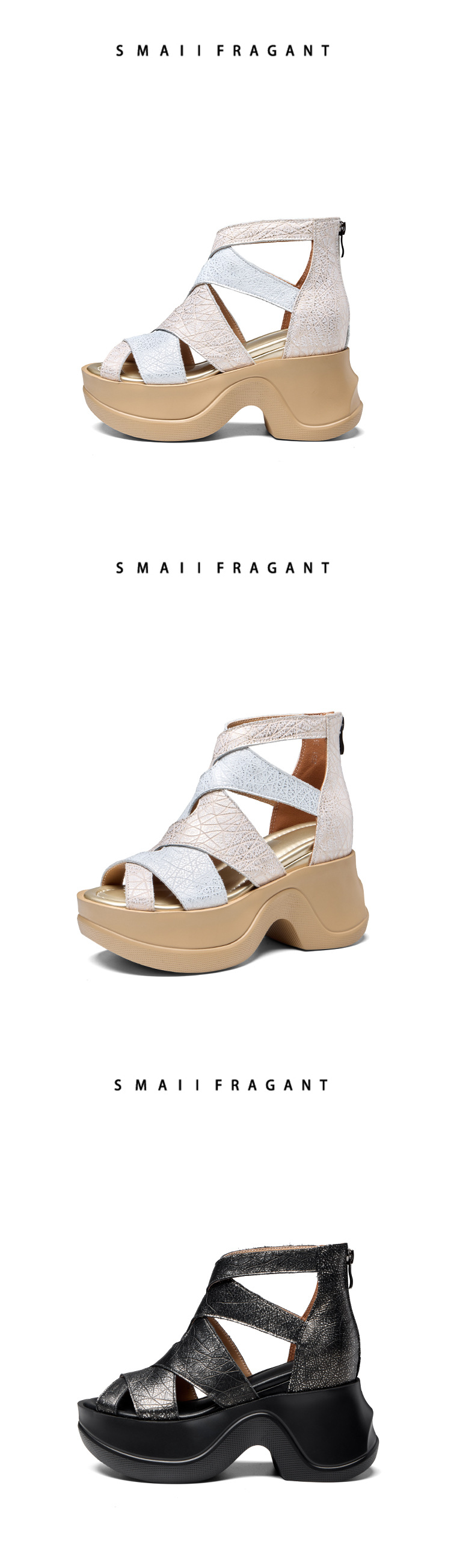 Sandal cao gót nữ đế xuồng hở mũi phong cách La Mã, gót 10 cm — màu đen, Vàng nhạt chi tiết 11