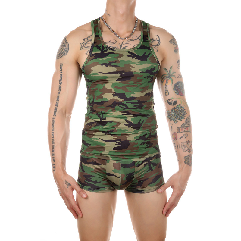 Men's Fitness Sports Tops, Underwear, Body-Shaping Camouflage Tank Tops, Boxer Briefs Set