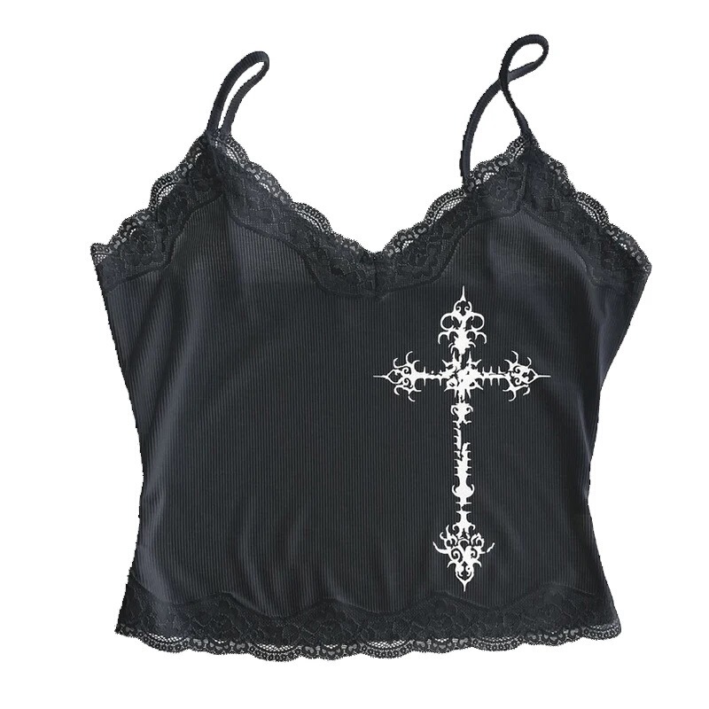 Y2K Gothic European and American Punk Aesthetic Print Lace Sexy Sleeveless Crop Top Retro Rock Women's T-shirt