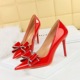 9511-H35 European and American style banquet high heels, thin heels, shallow mouth, pointed tip, glossy patent leather bow, high heels, single shoes for women