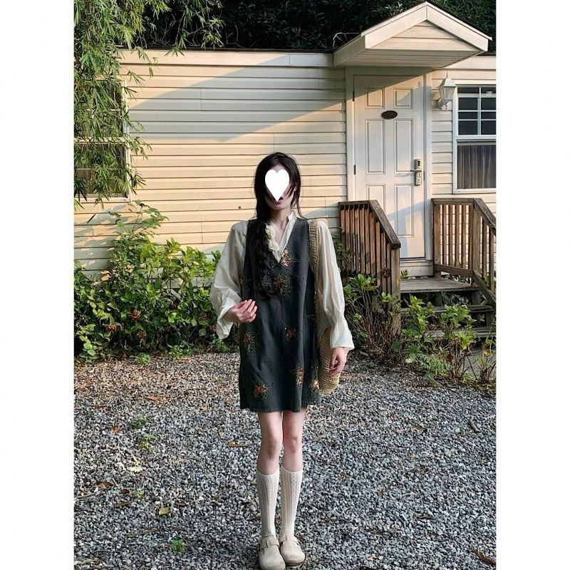 Французская джинсовая юбка на подтяжках с тяжелой вышивкой, летняя новая мода, свободное утягивающее простое и элегантное платье