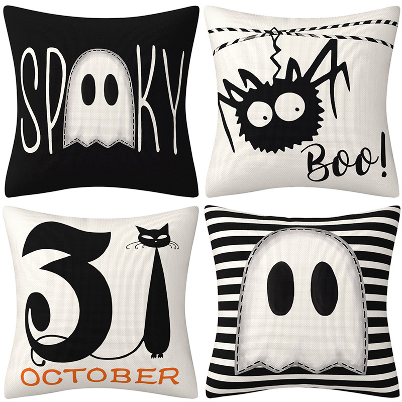 Cross-border Hot Sale Halloween Black and White Spider Pillow Cover Amazon BOO Decorative Pillow Sofa Cover Cushion Cover