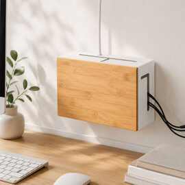 壁挂式木质理线盒桌面路由器收纳盒客厅插座遮挡盒带孔木质电线盒