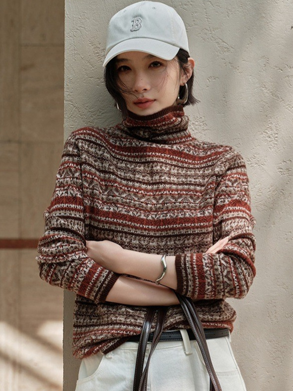 2025秋冬新款女士费尔岛提花版堆堆领羊绒衫100%山羊绒毛衣针织衫