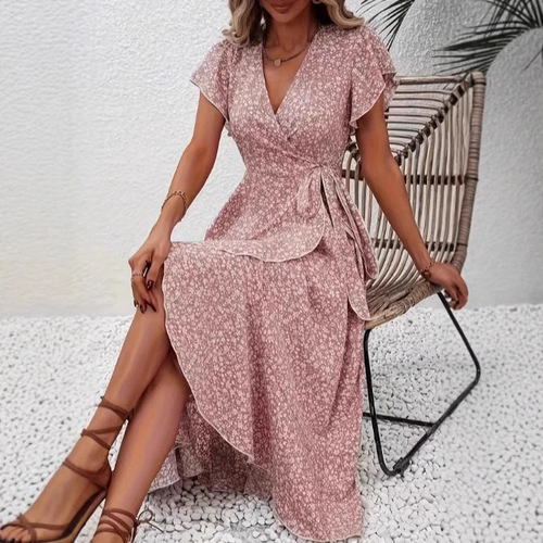 Independent station Amazon cross-border small floral V-neck open front tie waist short sleeve Bohemian large swing vacation dress