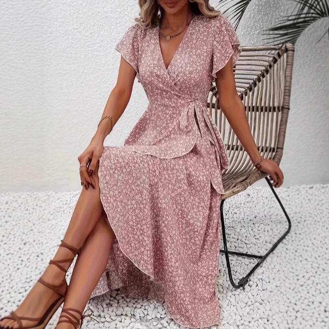 Independent Amazon Cross-Border Small Floral V-Neck Cardigan with Tie Short-Sleeve Bohemian Flared Vacation Dress