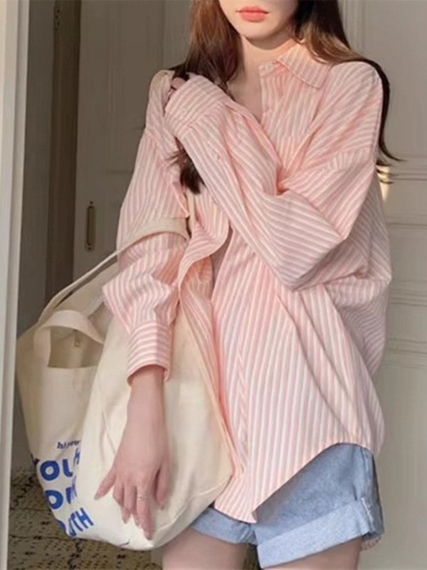 Pink Striped Sun Protection Shirt for Women, Thin Summer Outer Wear, Loose Lazy Style Long-Sleeved Shirt, Cardigan Jacket Top