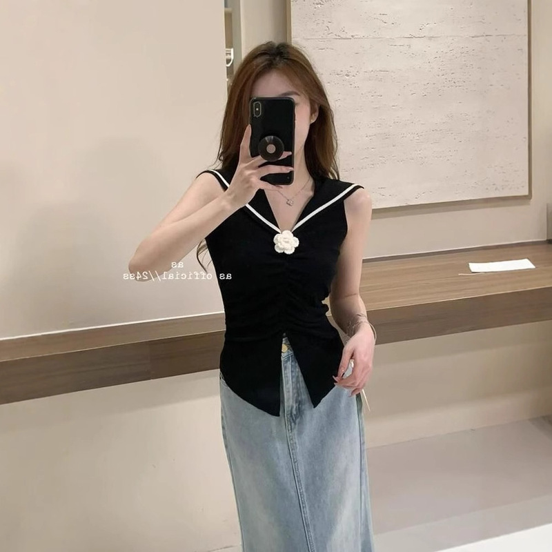 College Style Navy Collar Three-Dimensional Flower Chic and Beautiful Top Pleated Design Pinch Waist Vest Top for Women Summer